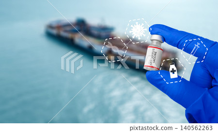 Gloved hand holding a Hantavirus vaccine vial with medical icons and a cargo ship background 140562263