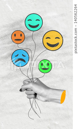 Contemporary art collage showing a hand holding colorful balloons with happy, sad, and neutral expressions, representing human emotions and mental health 140562264