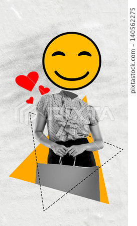 Contemporary art collage featuring a woman with a yellow emoji smiley head holding a shopping bag with red hearts Contemporary art collage featuring a woman with a yellow emoji smiley head holding a shopping bag with red hearts 140562275