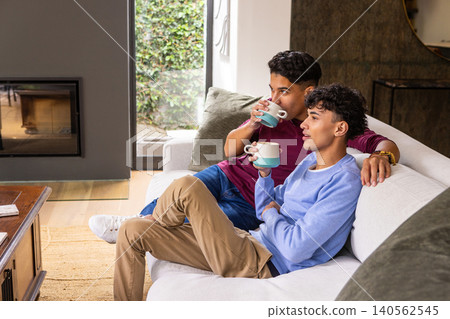 Male friends sitting on sofa in living room holding ceramic mugs by fireplace Male friends sitting on sofa in living room holding ceramic mugs by fireplace 140562545