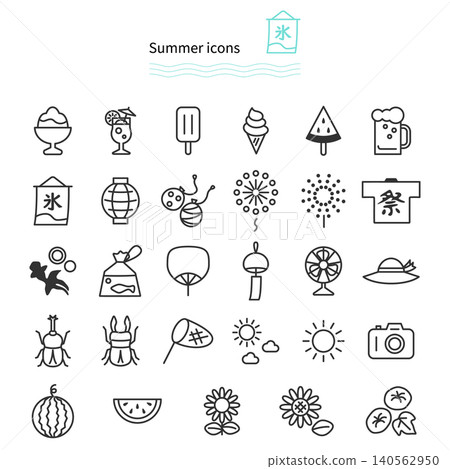 Simple line-drawing icon illustrations themed around Japanese summer and festivals, such as shaved ice and fireworks. Simple line-drawing icon illustrations themed around Japanese summer and festivals, such as shaved ice and fireworks. 140562950