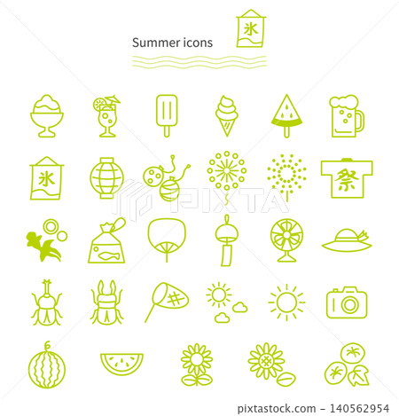 Simple line-drawing icon illustrations themed around Japanese summer and festivals, such as shaved ice and fireworks. Simple line-drawing icon illustrations themed around Japanese summer and festivals, such as shaved ice and fireworks. 140562954