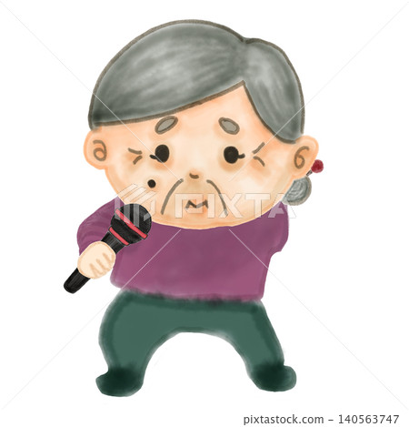 Full-body illustration of a grandmother holding a microphone. Suitable for use in karaoke sessions or recreational activities at day care centers for the elderly. Transparent PNG background. Full-body illustration of a grandmother holding a microphone. Suitable for use in karaoke sessions or recreational activities at day care centers for the elderly. Transparent PNG background. 140563747