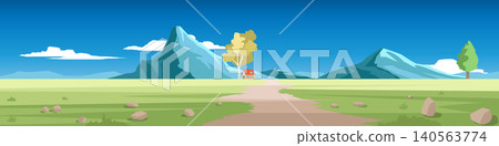 Panoramic horizontal for banner displaying a tiny house nestled under the tree in a vast green meadow. Large blue mountains rise in the distance under a bright sunny sky. Rest stop before the hike. Panoramic horizontal for banner displaying a tiny house nestled under the tree in a vast green meadow. Large blue mountains rise in the distance under a bright sunny sky. Rest stop before the hike. 140563774