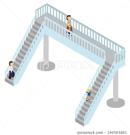 An illustration of an isometric figure crossing a pedestrian overpass. An illustration of an isometric figure crossing a pedestrian overpass. 140563861