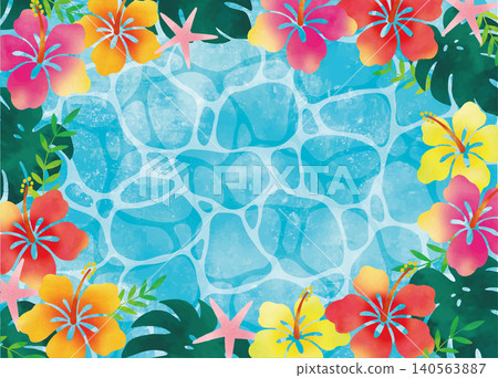 Vibrant hibiscus and water surface beach frame watercolor Vibrant hibiscus and water surface beach frame watercolor 140563887