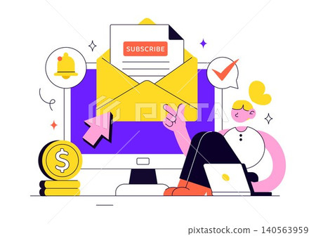 Subscription Vector Illustration Featuring Email Marketing, Membership Plans, Subscriber Management, Digital Notifications, and Online Service Subscription Vector Illustration Featuring Email Marketing, Membership Plans, Subscriber Management, Digital Notifications, and Online Service 140563959