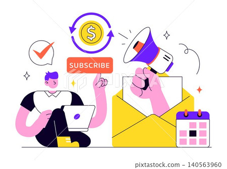 Subscription Vector Illustration Featuring Email Marketing, Membership Plans, Subscriber Management, Digital Notifications, and Online Service Subscription Vector Illustration Featuring Email Marketing, Membership Plans, Subscriber Management, Digital Notifications, and Online Service 140563960