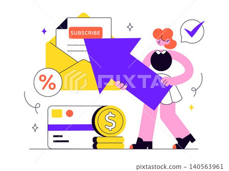 Subscription Vector Illustration Featuring Email Marketing, Membership Plans, Subscriber Management, Digital Notifications, and Online Service Subscription Vector Illustration Featuring Email Marketing, Membership Plans, Subscriber Management, Digital Notifications, and Online Service 140563961