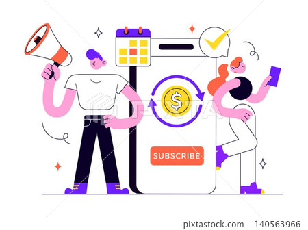 Subscription Vector Illustration Featuring Email Marketing, Membership Plans, Subscriber Management, Digital Notifications, and Online Service Subscription Vector Illustration Featuring Email Marketing, Membership Plans, Subscriber Management, Digital Notifications, and Online Service 140563966