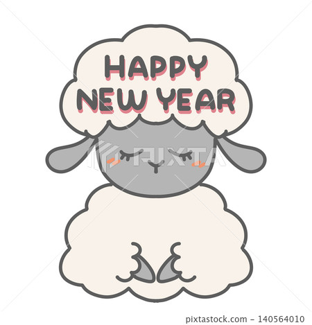 羊年新年賀卡設計:一隻羊的形象呈現正式的跪姿坐著,旁邊寫著「新年快樂」。 羊年新年賀卡設計:一隻羊的形象呈現正式的跪姿坐著,旁邊寫著「新年快樂」。 140564010