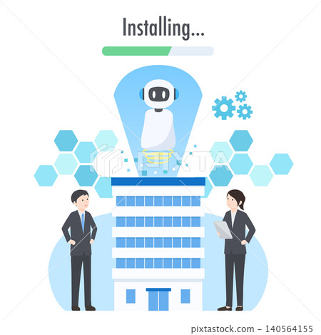 A flat design illustration depicting a company attempting to integrate AI into its business systems. A flat design illustration depicting a company attempting to integrate AI into its business systems. 140564155
