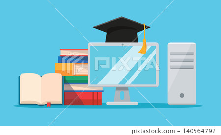 Graduation and Digital Education Concept with Computer and Books Graduation and Digital Education Concept with Computer and Books 140564792