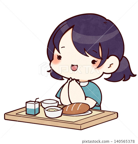 一幅女孩在午餐前說“Itadakimasu”(我開動了)的插圖。 一幅女孩在午餐前說“Itadakimasu”(我開動了)的插圖。 140565378