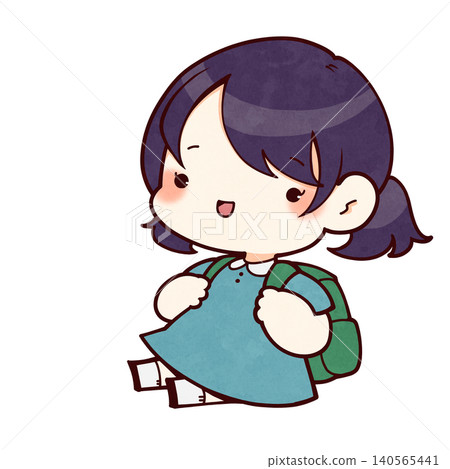 一幅女孩背著背包坐著的插圖。 一幅女孩背著背包坐著的插圖。 140565441