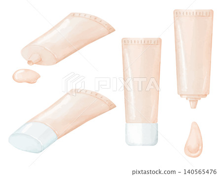 A set of watercolor-style illustrations of makeup primer in tube containers. 140565476