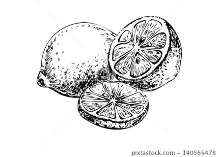 Citrus lemon fruit trio with whole half and slice sketch. Hand drawn black ink composition isolated on white for mediterranean restaurant menu, organic juice packaging, and kitchen poster Citrus lemon fruit trio with whole half and slice sketch. Hand drawn black ink composition isolated on white for mediterranean restaurant menu, organic juice packaging, and kitchen poster 140565478