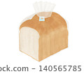 A loaf of bread in a bag secured with a blue bag closure. 140565785