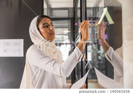 Indian woman in headscarf writing on glass partition with neon marker, holding paper in office Indian woman in headscarf writing on glass partition with neon marker, holding paper in office 140565856