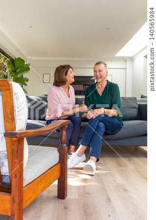 Senior female friends chatting on dark-gray sofa in living room with potted plant and framed art Senior female friends chatting on dark-gray sofa in living room with potted plant and framed art 140565984