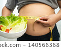 Asian woman with fat belly big size overweight and obesity with healthy food. 140566368