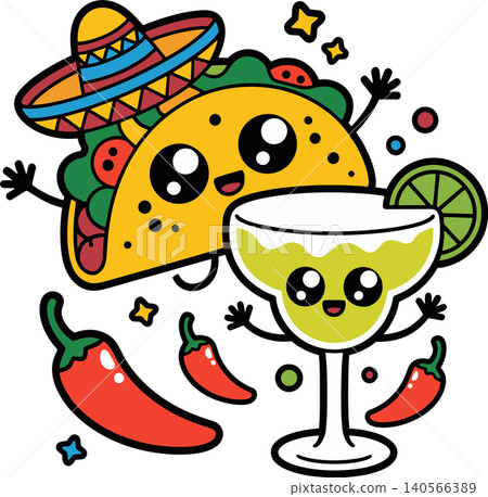 Cute Taco and Margarita Kawaii Mexican Fiesta Cartoon Illustration Cute Taco and Margarita Kawaii Mexican Fiesta Cartoon Illustration 140566389