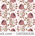 Vector folk art seamless pattern with poppies and berries on white background. Decorative vertical floral ornament. 140566426