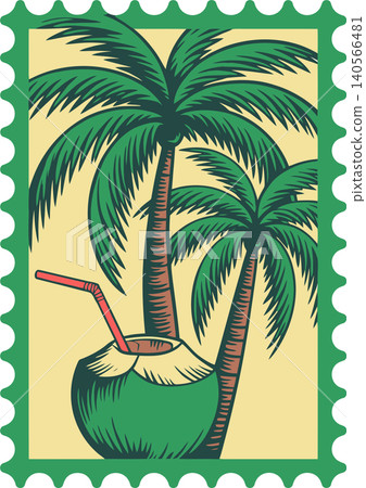 Tropical Coconut Palm Tree Postage Stamp Illustration Tropical Coconut Palm Tree Postage Stamp Illustration 140566481