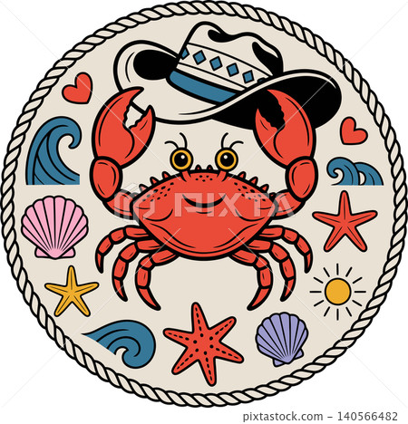 Cute Beach Crab with Cowboy Hat Illustration Cute Beach Crab with Cowboy Hat Illustration 140566482