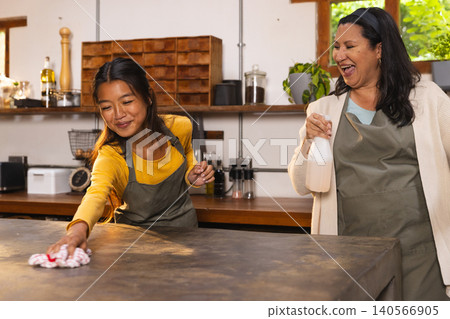 Diverse female coworkers cleaning stone countertop in rustic kitchen using cloth and spray bottle Diverse female coworkers cleaning stone countertop in rustic kitchen using cloth and spray bottle 140566905