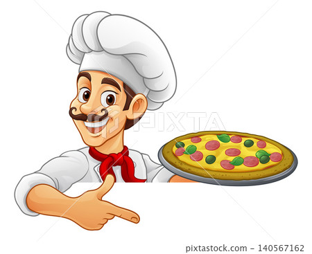 Chef Pizza Cook Serving Plate Cartoon Man Pointing 140567162