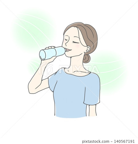 An illustration of a woman refreshingly drinking water. An illustration of a woman refreshingly drinking water. 140567191