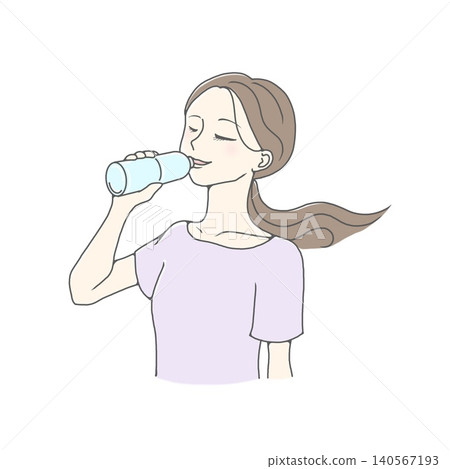 一幅插圖,描繪了一位長髮飄飄的女子正在用塑膠瓶喝水。 一幅插圖,描繪了一位長髮飄飄的女子正在用塑膠瓶喝水。 140567193