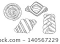 Hand-drawn line art illustration of a Danish pastry 140567229