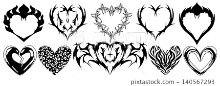 Y2K tribal tattoo hearts with flames, gothic wings Y2K tribal tattoo hearts with flames, gothic wings 140567293