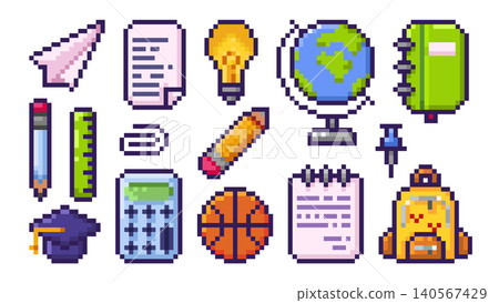 Pixel art school icons of educational supplies Pixel art school icons of educational supplies 140567429