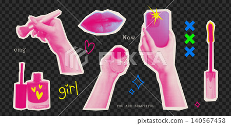Y2K collage pop art, retro girly make up cutouts Y2K collage pop art, retro girly make up cutouts 140567458