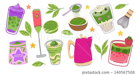 Matcha green drink icons, doodle illustration 140567508