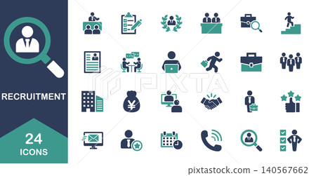 Icon set related to recruitment, interviews, hiring, and job changes. Icon set related to recruitment, interviews, hiring, and job changes. 140567662
