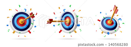 3d target icon with arrow hitting bullseye. 140568280