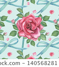 Watercolor floral seamless pattern with pink roses and green leaves, blue bow, and ribbon. Hand-drawn design on a blue background. For fabrics and textiles. 140568281