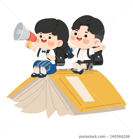 Children Reading Together on Open Book Illustration 140568286