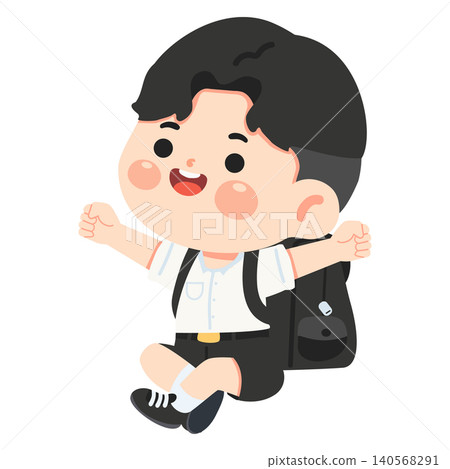 Happy Student Boy Sitting With School Backpack Happy Student Boy Sitting With School Backpack 140568291