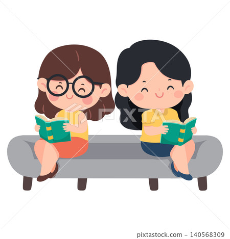 Two Girls Reading Books Together on Bench Two Girls Reading Books Together on Bench 140568309