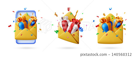 3d gift box in envelope with phone and confetti. 3d gift box in envelope with phone and confetti. 140568312