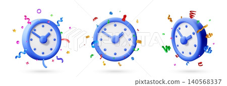 3d set of clocks with confetti for celebration. 3d set of clocks with confetti for celebration. 140568337