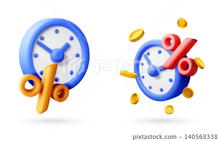 3d set clock and percentage sign with gold coins. 140568338