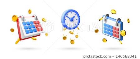 3D set of calendar and clock with flying coins. 3D set of calendar and clock with flying coins. 140568341