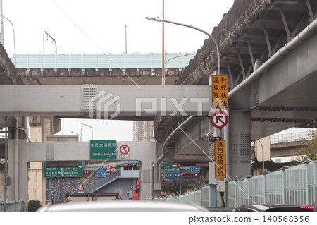 Traffic Signs and Multilevel Overpass at End of Civic Boulevard in Taipei Traffic Signs and Multilevel Overpass at End of Civic Boulevard in Taipei 140568356