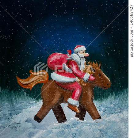 A Christmas illustration featuring Santa Claus on horseback, carrying gifts. Santa is hurrying through the dark winter night on Christmas Eve. Suitable for design, postcard templates, and prints. 140568427
